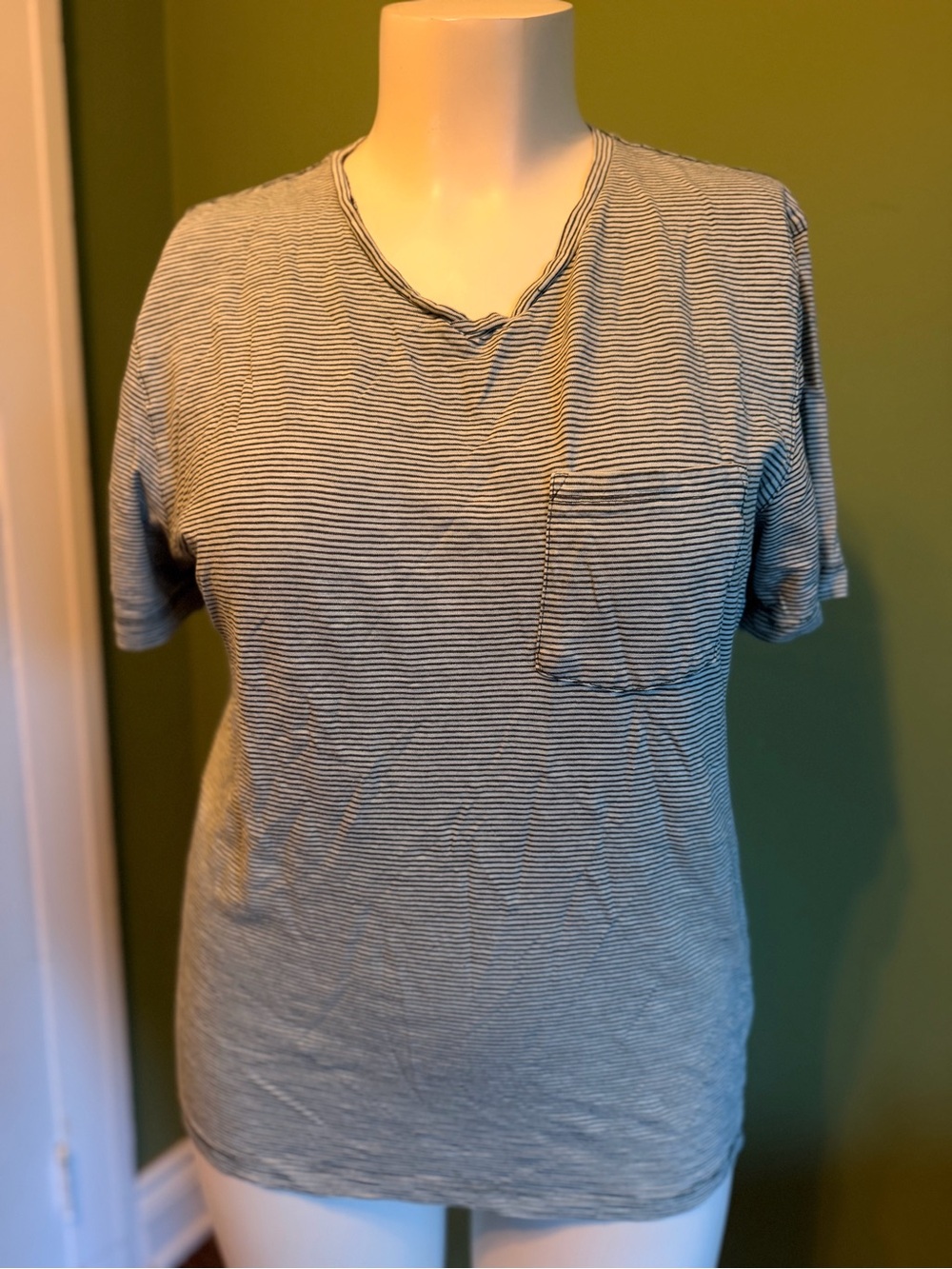 Woman’s Striped Pocket Tee in Light Blue and White